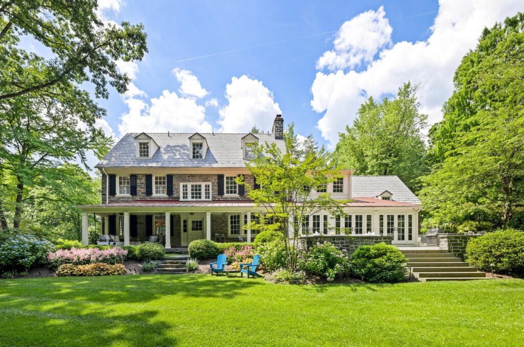 Colonial Stone Home architectural style, Chestnut Hill, Philadelphia from a far
