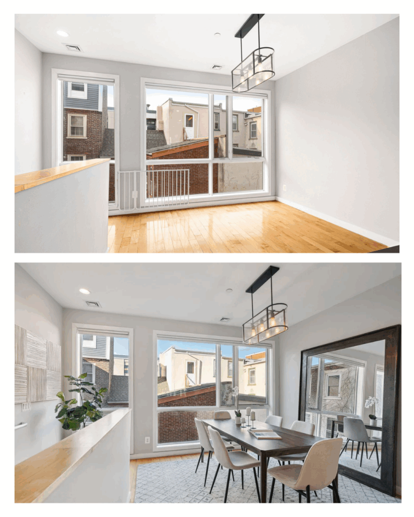 Before and after staging of a living room in Philadelphia, showing increased space and brightness