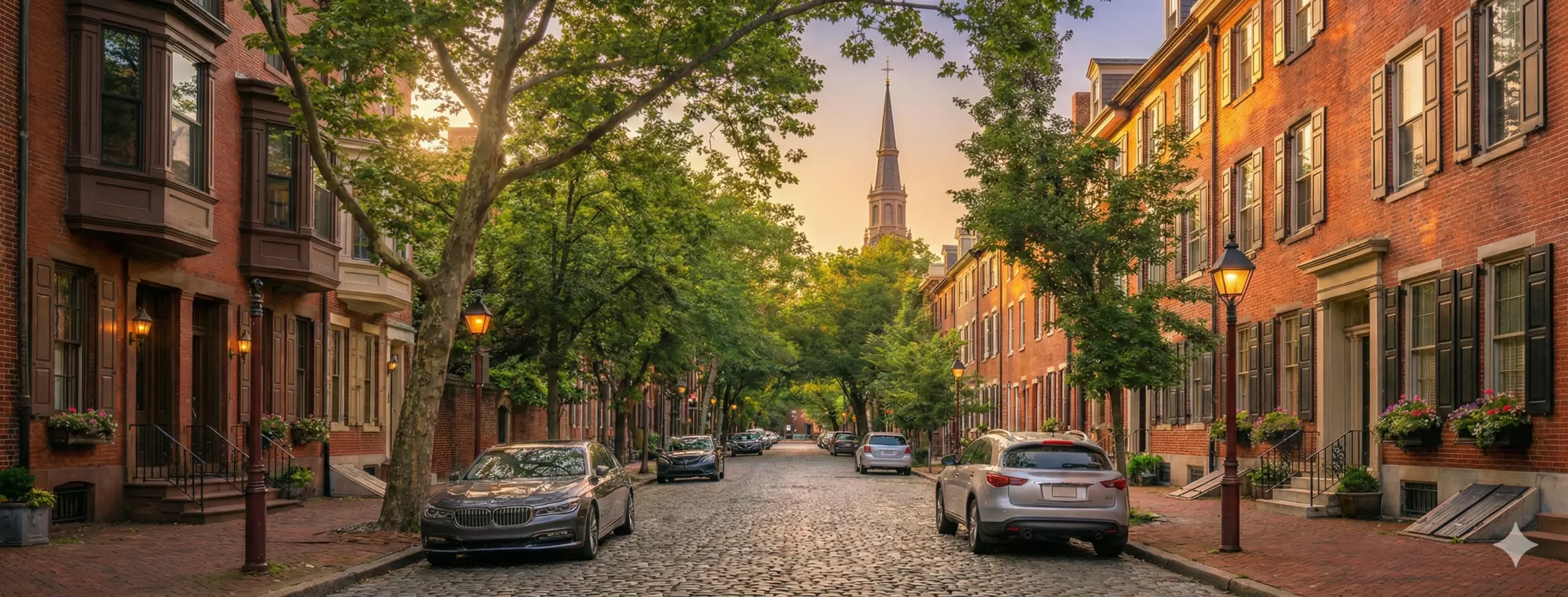 Wide banner view of a sunny, tree-lined cobblestone street in Society Hill, Philadelphia, featuring historic brick brownstones and parked modern cars.