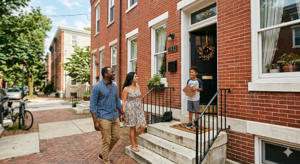 A diverse family smiling as they walk up the front steps of a classic red-brick rowhome in Philadelphia.