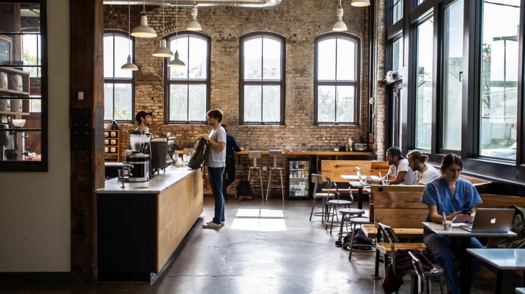 Interior of ReAnimator Coffee Shop in Philadelphia featuring exposed brick walls, large industrial windows, and wooden seating, with customers ordering at the counter and others working on laptops at tables.