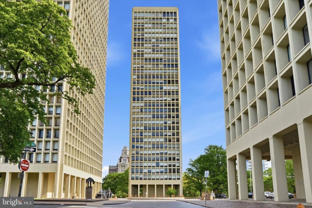 Exterior view of Society Hill Towers in Philadelphia, showcasing the iconic modernist high-rise architecture and landscaped setting in Society Hill.