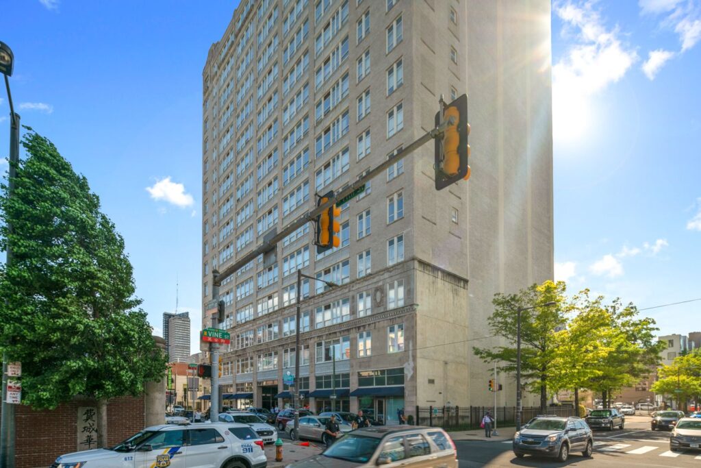 Grandview Condominiums at 1100 Vine Street in Philadelphia’s Chinatown neighborhood, viewed from the intersection with Vine Street and 11th Street.